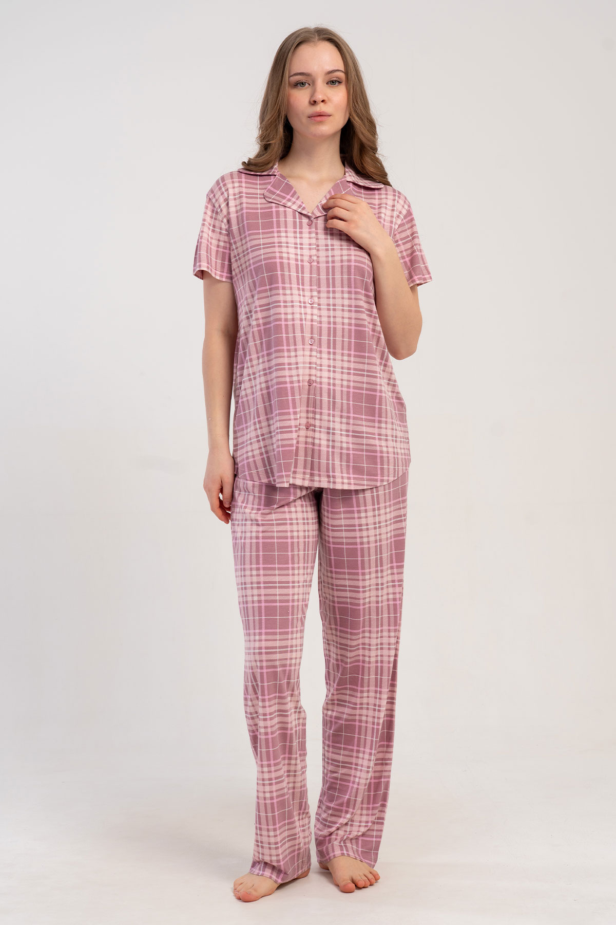Pınarca Kadın Pijama Takımı Kısa Kollu Gömlek Yaka Ekose Desenli Viskon - Lila - Thumbnail