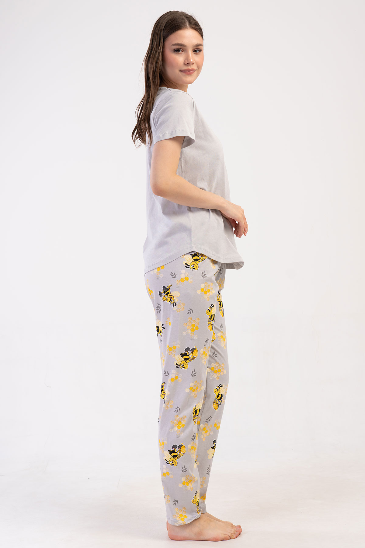 Pınarca Kadın Pijama Takımı Kısa Kollu Pamuklu Bisiklet Yaka Arı Baskılı - Gri - Thumbnail