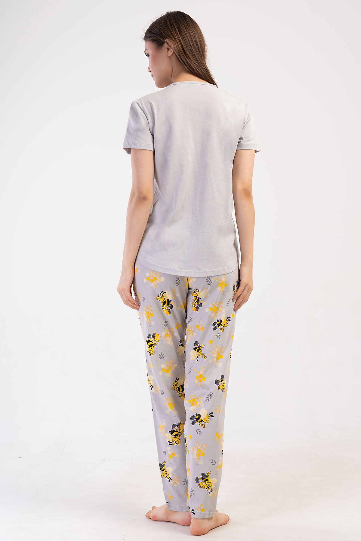 Pınarca Kadın Pijama Takımı Kısa Kollu Pamuklu Bisiklet Yaka Arı Baskılı - Gri - Thumbnail