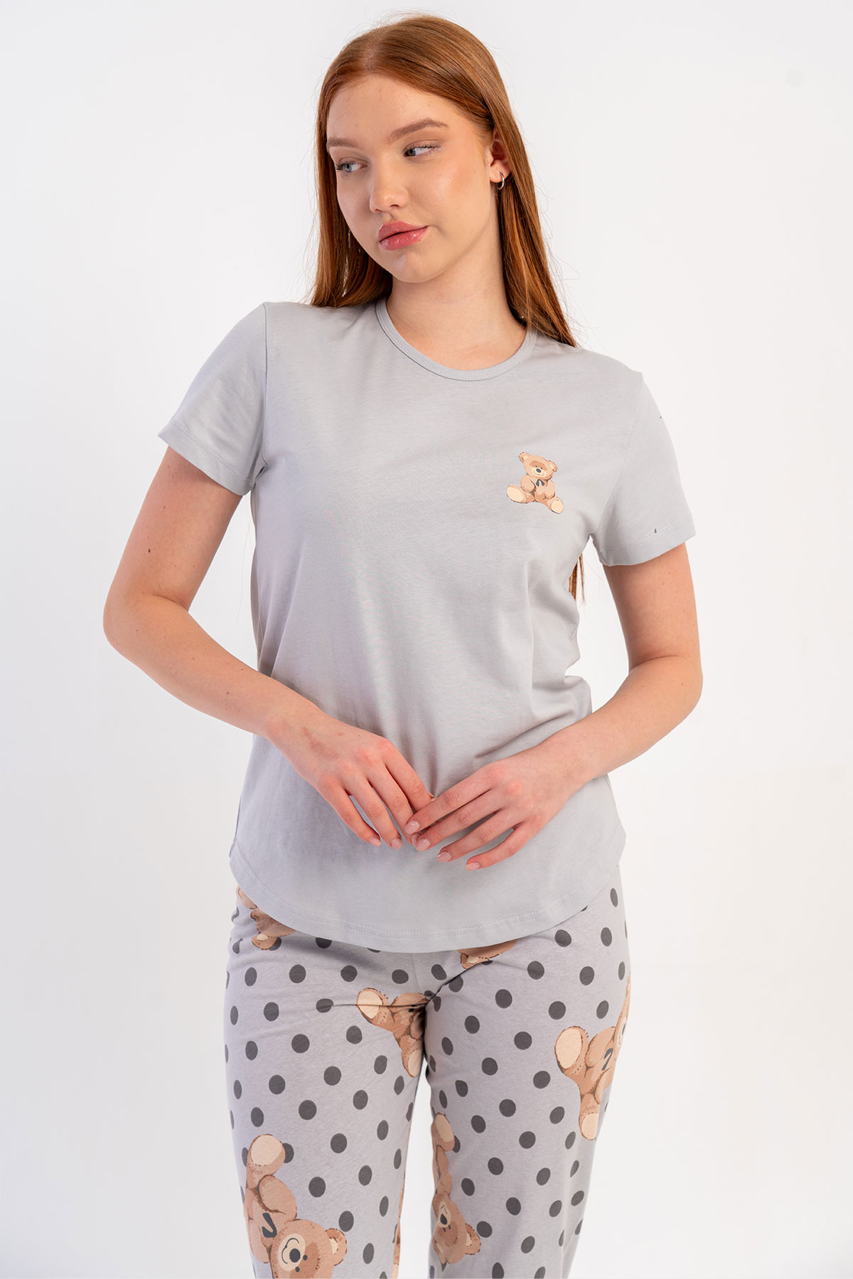 Pınarca Kadın Pijama Takımı Kısa Kollu Pamuklu Bisiklet Yaka Ayıcık Baskılı Puantiyeli - Gri - Thumbnail