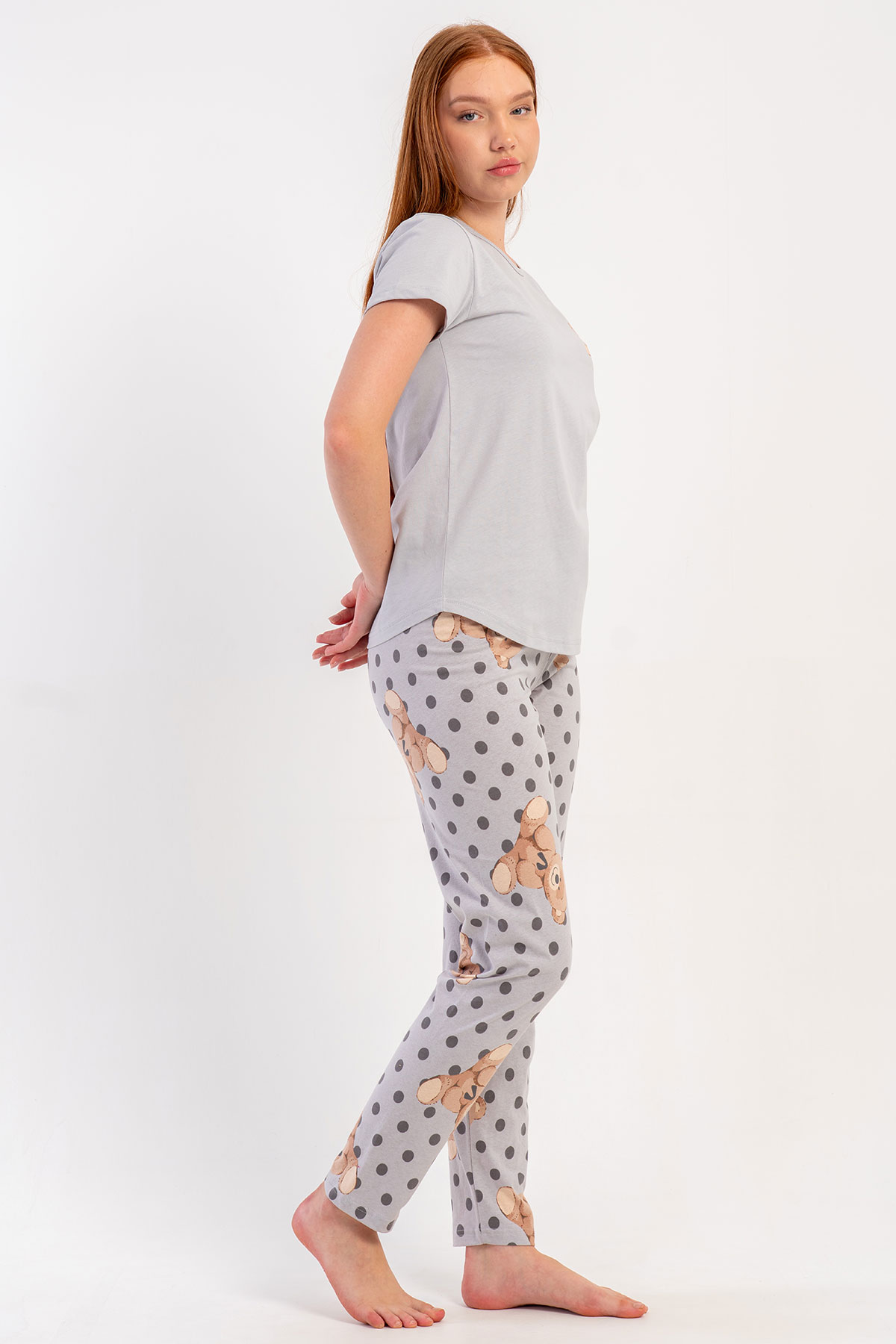 Pınarca Kadın Pijama Takımı Kısa Kollu Pamuklu Bisiklet Yaka Ayıcık Baskılı Puantiyeli - Gri - Thumbnail