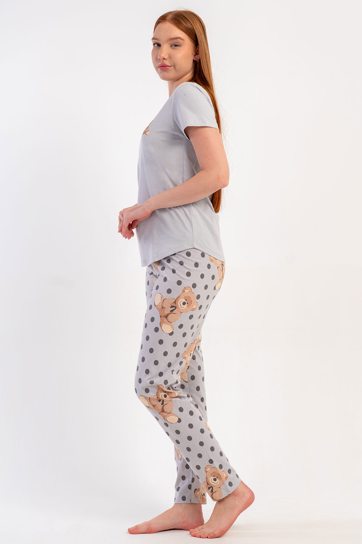 Pınarca Kadın Pijama Takımı Kısa Kollu Pamuklu Bisiklet Yaka Ayıcık Baskılı Puantiyeli - Gri - Thumbnail