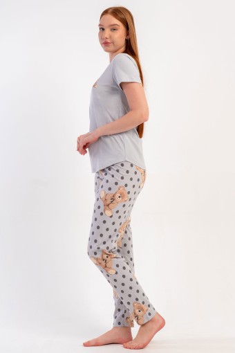 PINARCA EV GİYİM - Pınarca Kadın Pijama Takımı Kısa Kollu Pamuklu Bisiklet Yaka Ayıcık Baskılı Puantiyeli - Gri (1)