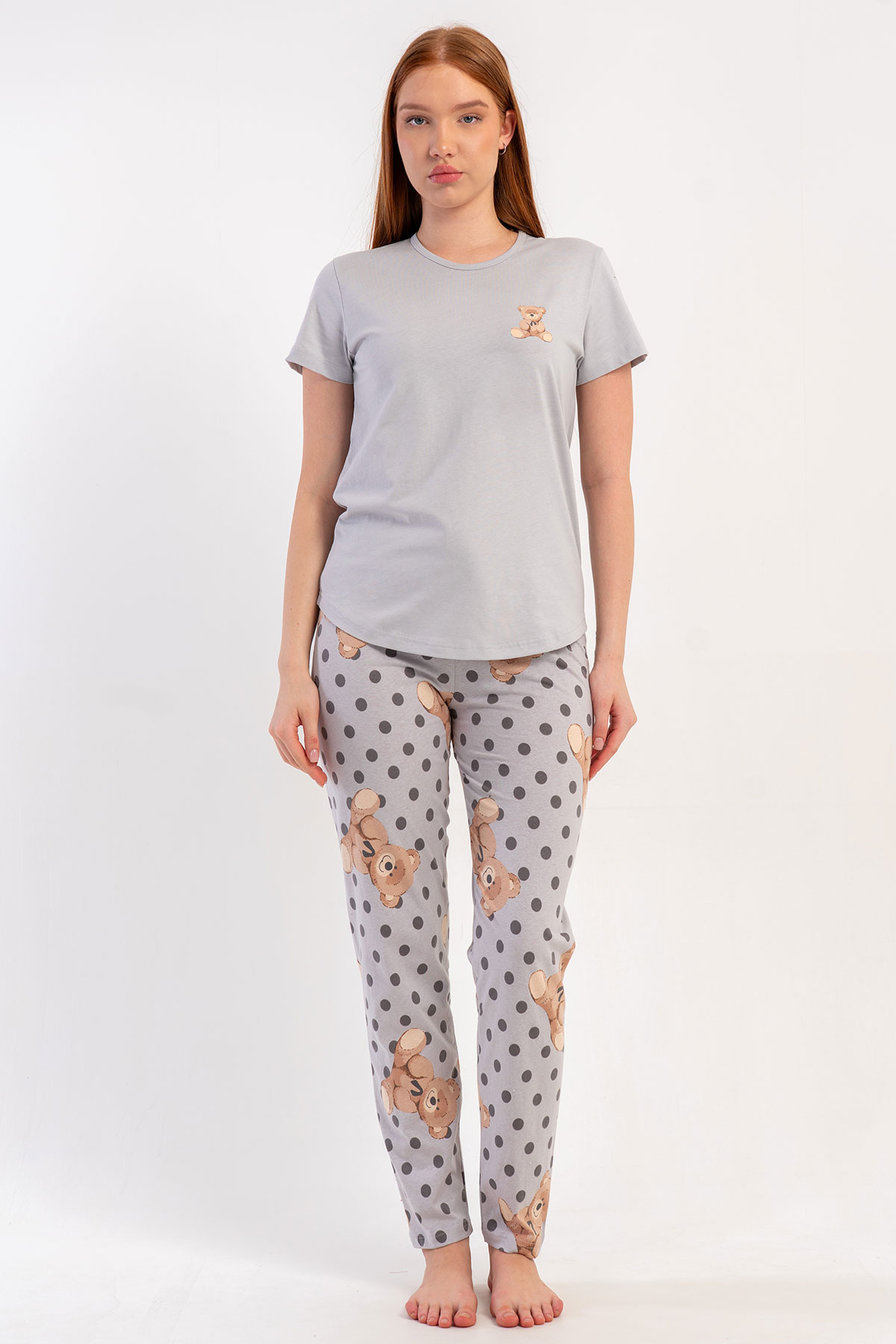 Pınarca Kadın Pijama Takımı Kısa Kollu Pamuklu Bisiklet Yaka Ayıcık Baskılı Puantiyeli - Gri - Thumbnail