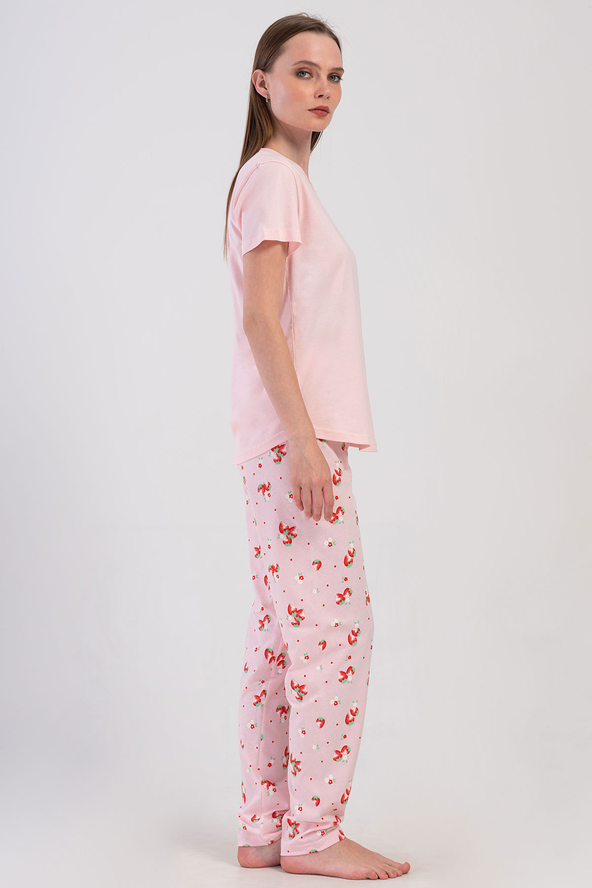 Pınarca Kadın Pijama Takımı Kısa Kollu Pamuklu Bisiklet Yaka Çilek Desenli - Pembe - Thumbnail