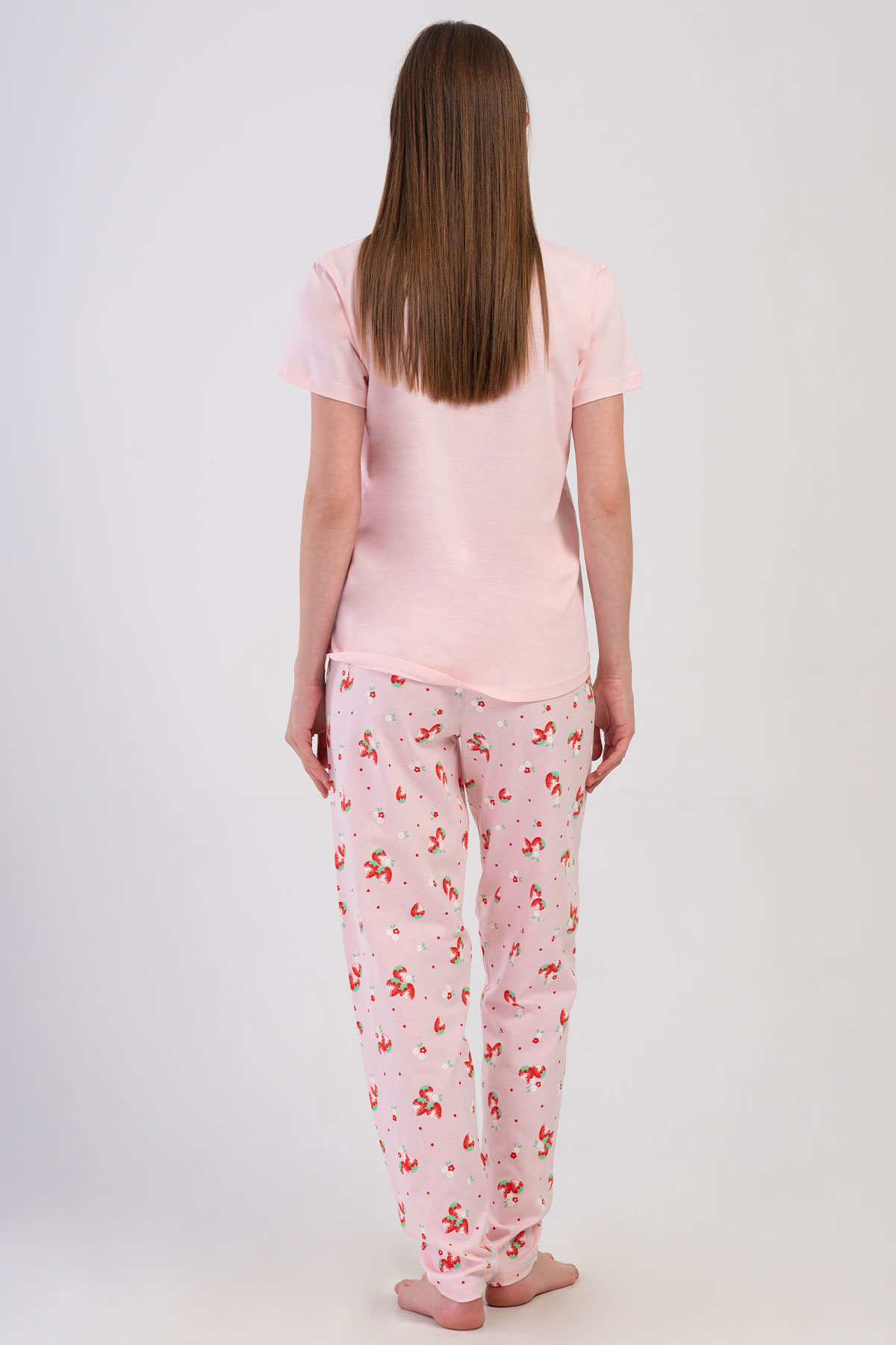 Pınarca Kadın Pijama Takımı Kısa Kollu Pamuklu Bisiklet Yaka Çilek Desenli - Pembe - Thumbnail