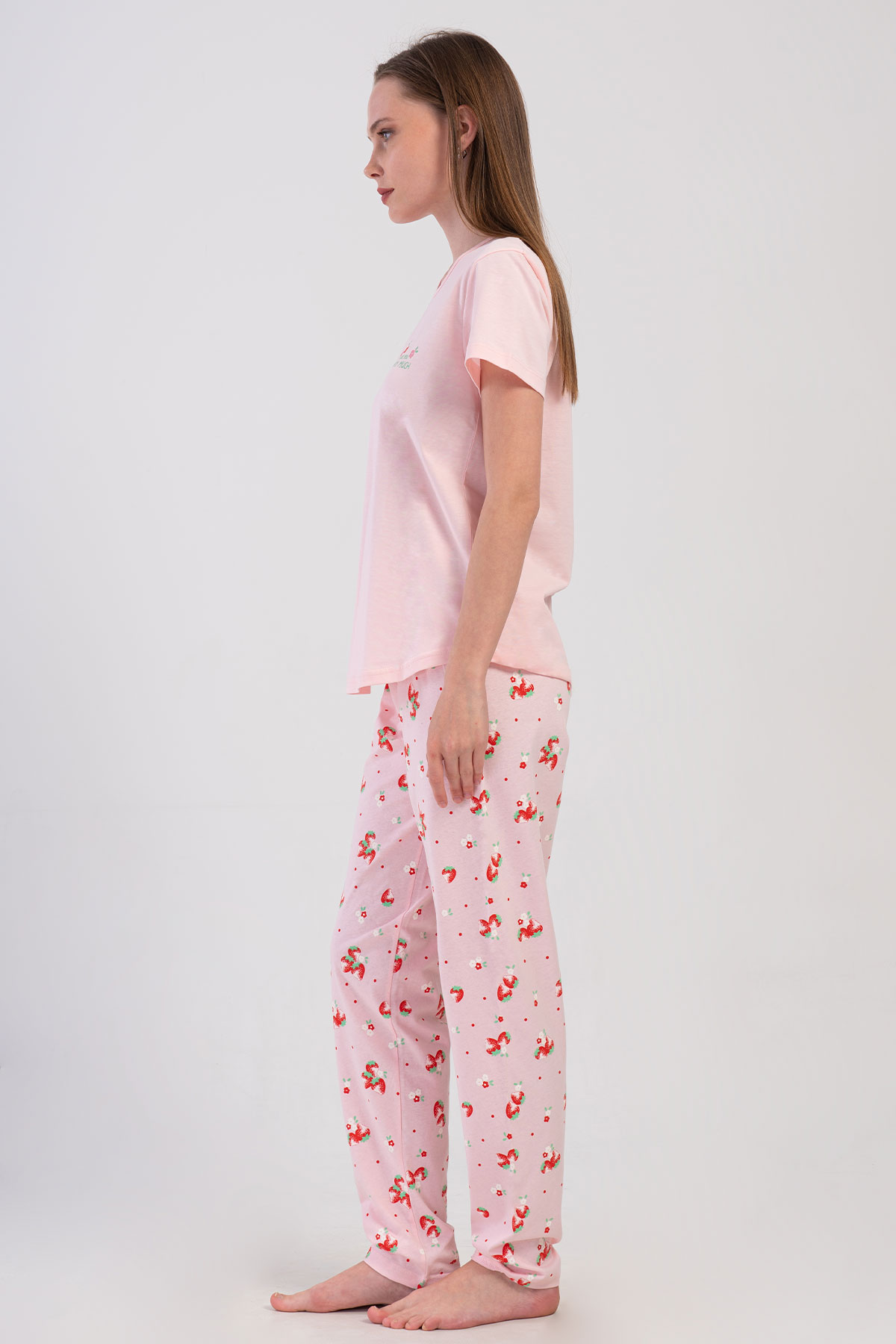Pınarca Kadın Pijama Takımı Kısa Kollu Pamuklu Bisiklet Yaka Çilek Desenli - Pembe - Thumbnail