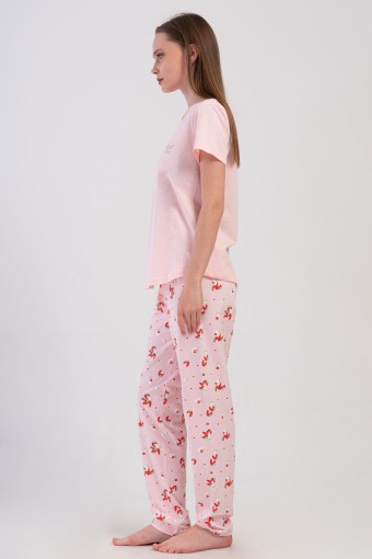 PINARCA EV GİYİM - Pınarca Kadın Pijama Takımı Kısa Kollu Pamuklu Bisiklet Yaka Çilek Desenli - Pembe (1)