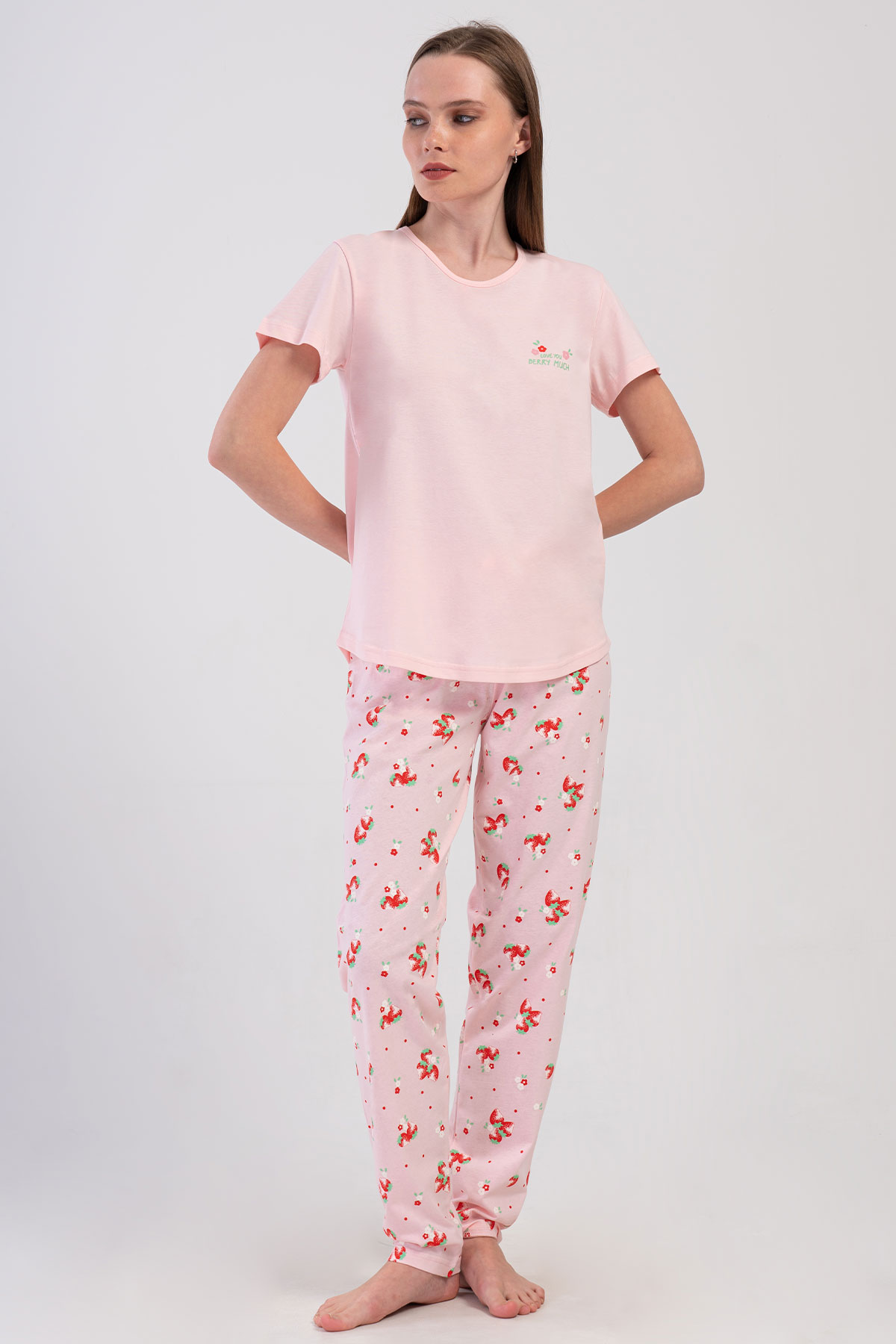 Pınarca Kadın Pijama Takımı Kısa Kollu Pamuklu Bisiklet Yaka Çilek Desenli - Pembe - Thumbnail