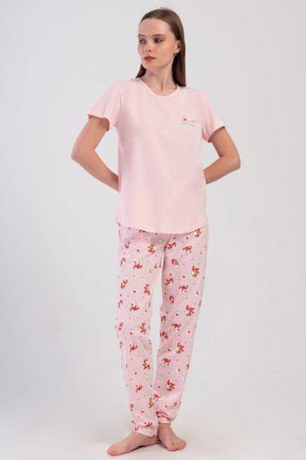 PINARCA EV GİYİM - Pınarca Kadın Pijama Takımı Kısa Kollu Pamuklu Bisiklet Yaka Çilek Desenli - Pembe