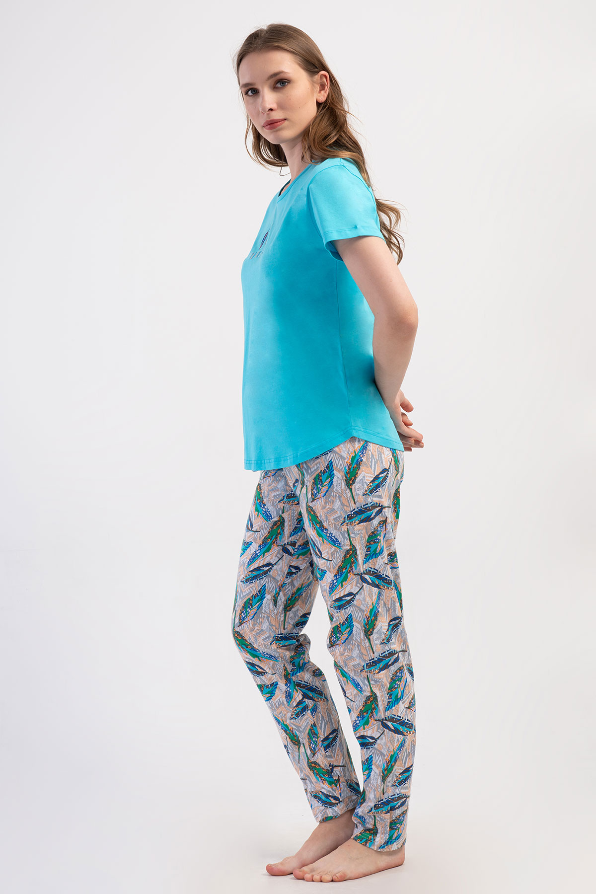 Pınarca Kadın Pijama Takımı Kısa Kollu Pamuklu Bisiklet Yaka Yaprak Desenli - Mint Yeşili - Thumbnail