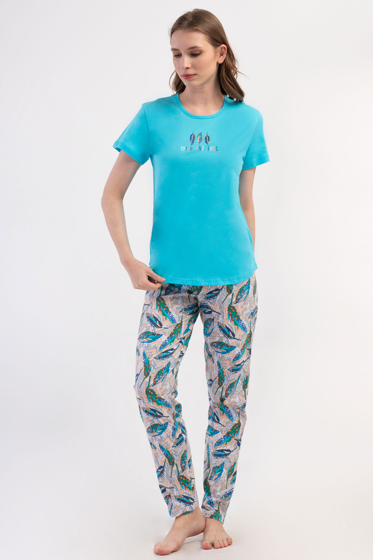 Pınarca Kadın Pijama Takımı Kısa Kollu Pamuklu Bisiklet Yaka Yaprak Desenli - Mint Yeşili - Thumbnail