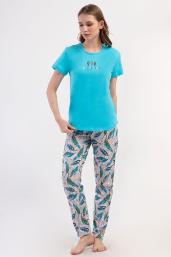 PINARCA EV GİYİM - Pınarca Kadın Pijama Takımı Kısa Kollu Pamuklu Bisiklet Yaka Yaprak Desenli - Mint Yeşili
