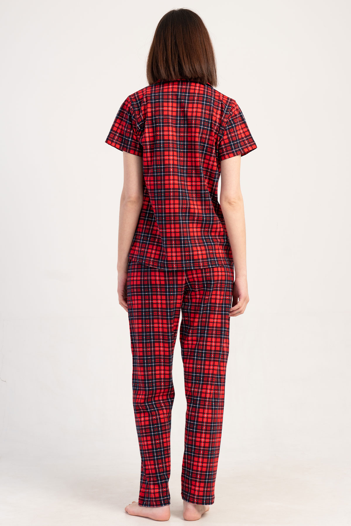 Pınarca Kadın Pijama Takımı Kısa Kollu Pamuklu Gömlek Yaka Ekose Desenli - Kırmızı - Thumbnail