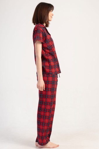 PINARCA EV GİYİM - Pınarca Kadın Pijama Takımı Kısa Kollu Pamuklu Gömlek Yaka Ekose Desenli - Kırmızı (1)