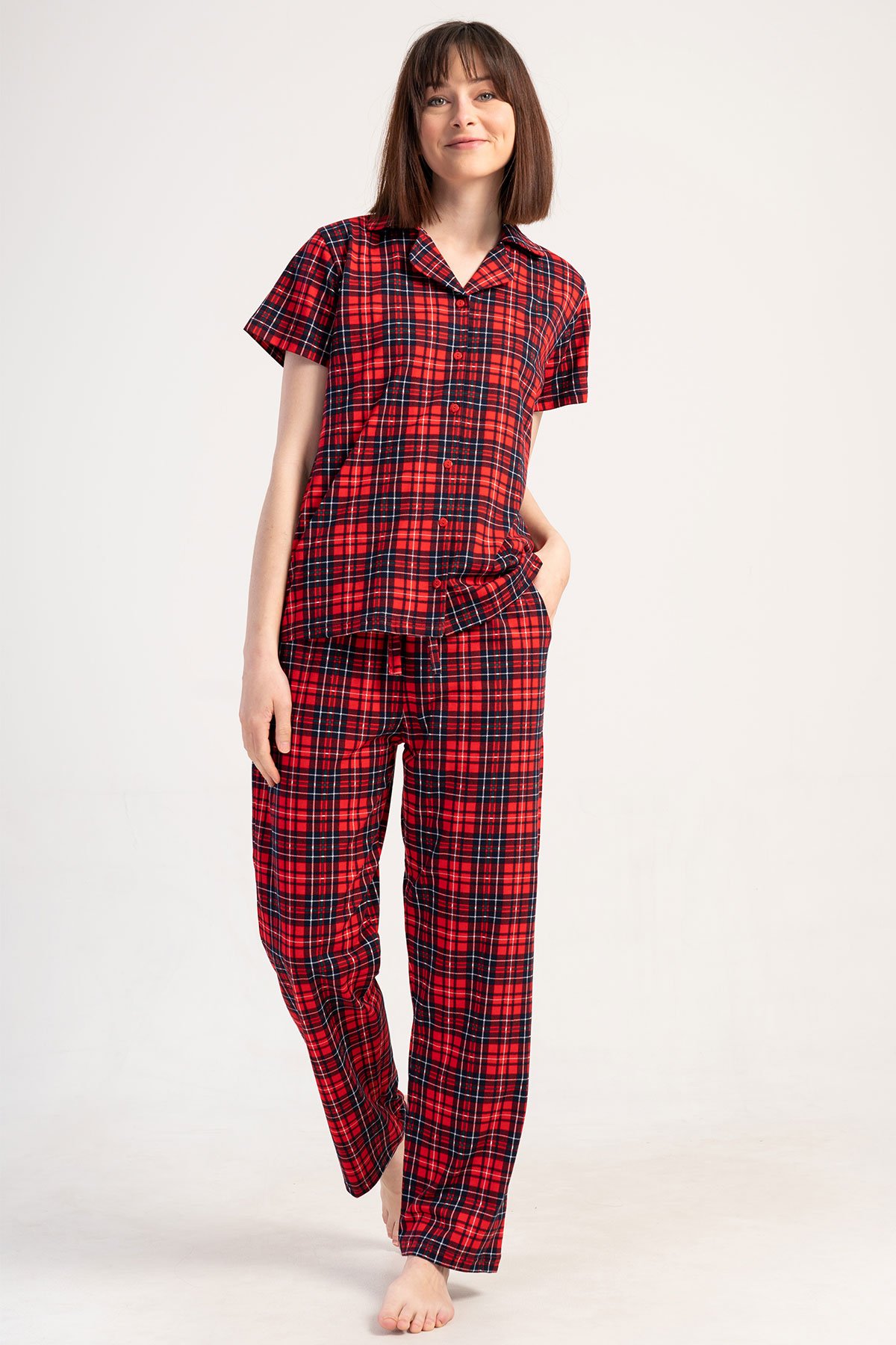 Pınarca Kadın Pijama Takımı Kısa Kollu Pamuklu Gömlek Yaka Ekose Desenli - Kırmızı - Thumbnail