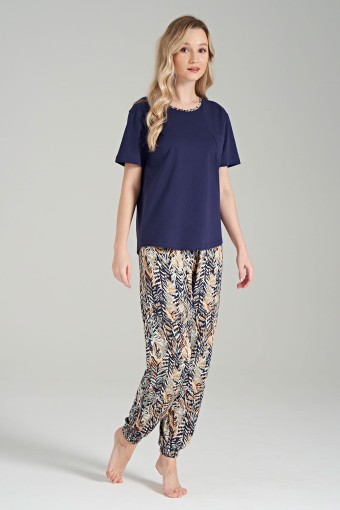 PINARCA EV GİYİM - Pınarca Kadın Pijama Takımı Kısa Kollu Desenli Paça Manşetli - Lacivert