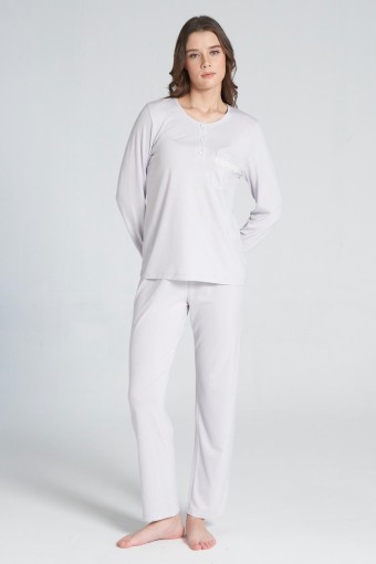 PINARCA EV GİYİM - Pınarca Kadın Pijama Takımı Uzun Kollu Düğmeli Pamuklu - Lila