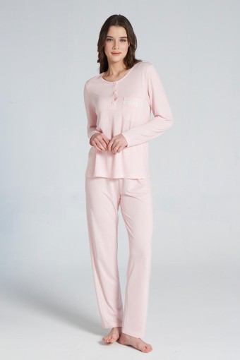 PINARCA EV GİYİM - Pınarca Kadın Pijama Takımı Uzun Kollu Düğmeli Pamuklu - Pudra Pembe