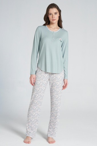 PINARCA EV GİYİM - Pınarca Kadın Pijama Takımı Düğmeli Bisiklet Yaka Çiçek Desenli - Mavi