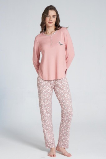 PINARCA EV GİYİM - Pınarca Kadın Pijama Takımı Düğmeli Bisiklet Yaka Çiçek Desenli - Pembe