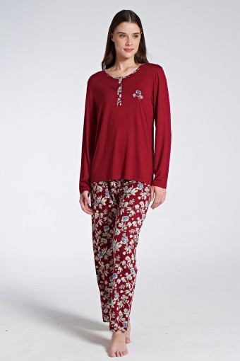 PINARCA EV GİYİM - Pınarca Kadın Pijama Takımı Uzun Kollu Düğmeli Çiçek Desenli - Bordo