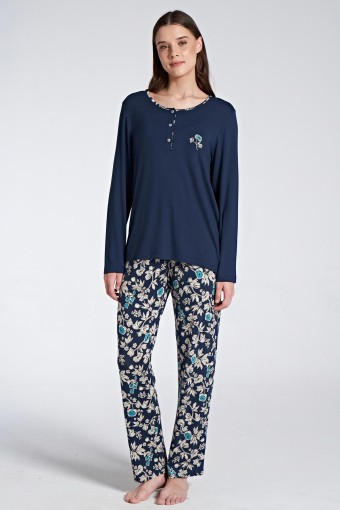 PINARCA EV GİYİM - Pınarca Kadın Pijama Takımı Uzun Kollu Düğmeli Çiçek Desenli - Lacivert