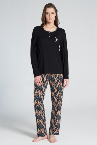 PINARCA EV GİYİM - Pınarca Kadın Pijama Takımı Uzun Kollu Düğmeli Yaprak Desenli - Siyah