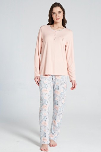 PINARCA EV GİYİM - Pınarca Kadın Pijama Takımi Uzun Kollu Düğmeli Pamuklu - Somon