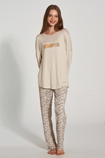 PINARCA EV GİYİM - Pınarca Kadın Pijama Takımı Uzun Kollu Bisiklet Yaka Çiçek Desenli - Bej