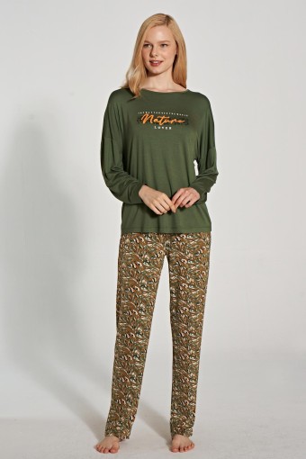 PINARCA EV GİYİM - Pınarca Kadın Pijama Takımı Uzun Kollu Bisiklet Yaka Çiçek Desenli - Yeşil