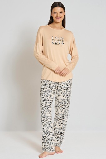 PINARCA EV GİYİM - Pınarca Kadın Pijama Takımı Uzun Kollu Bisiklet Yaka Desenli - Bej