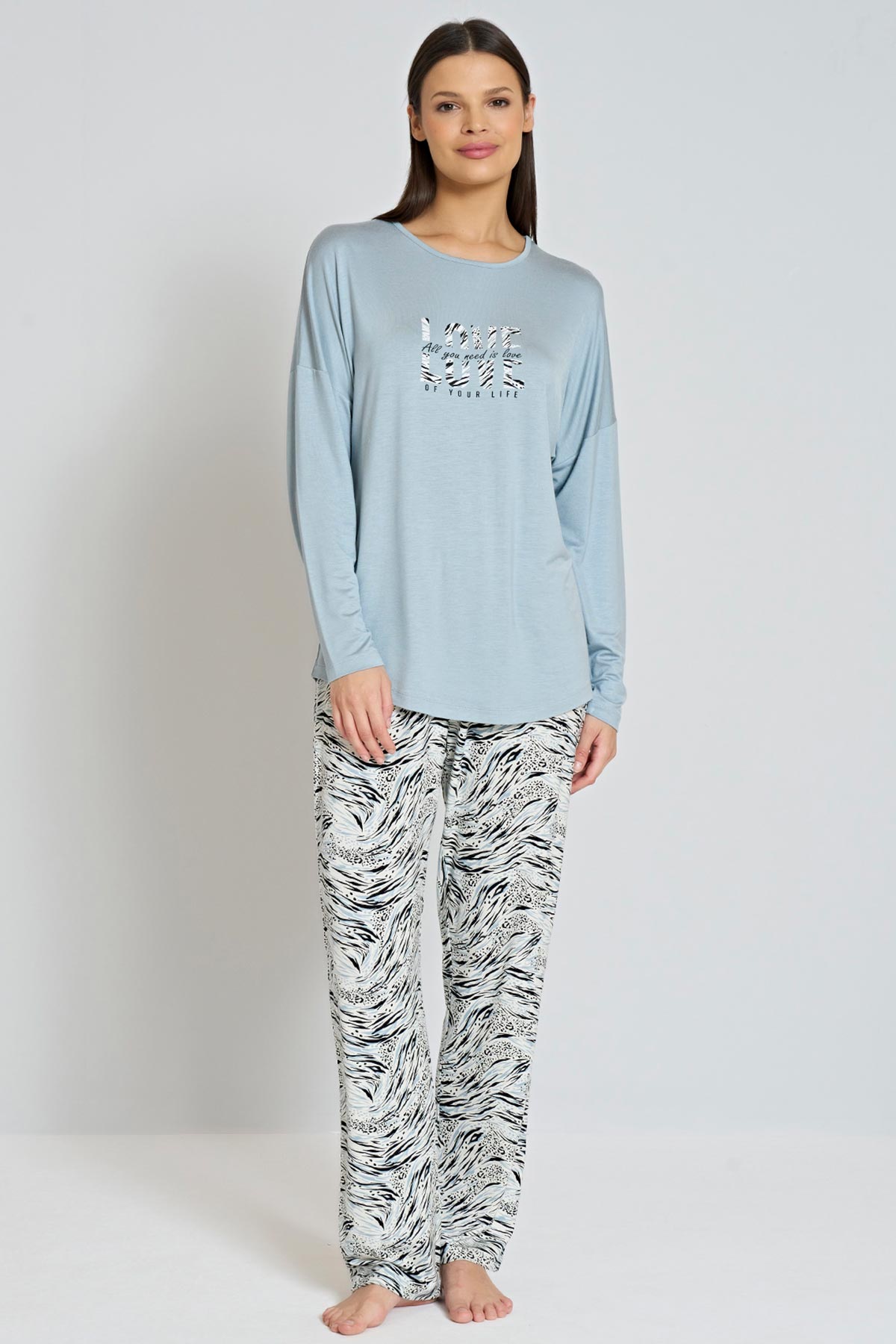 Pınarca Kadın Pijama Takımı Uzun Kollu Bisiklet Yaka Desenli - Bej - Thumbnail