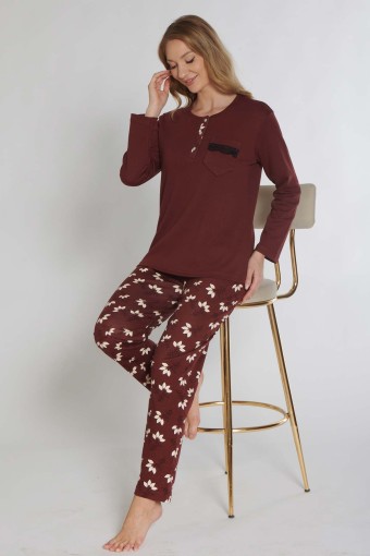 PINARCA EV GİYİM - Pınarca Kadın Pijama Takımı Uzun Kollu Büyük Beden İnterlok Çiçek Desenli - Mürdüm (1)