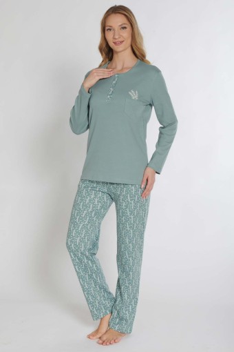 PINARCA EV GİYİM - Pınarca Kadın Pijama Takımı Uzun Kollu Büyük Beden İnterlok Desenli - Mint Yeşili