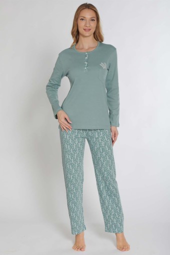 PINARCA EV GİYİM - Pınarca Kadın Pijama Takımı Uzun Kollu Büyük Beden İnterlok Desenli - Mint Yeşili