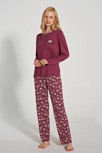 PINARCA EV GİYİM - Pınarca Kadın Pijama Takımı Uzun Kollu Düğmeli Bisiklet Yaka - Gülkurusu