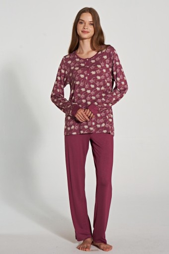 PINARCA EV GİYİM - Pınarca Kadın Pijama Takımı Uzun Kollu Düğmeli Bisiklet Yaka - Gülkurusu
