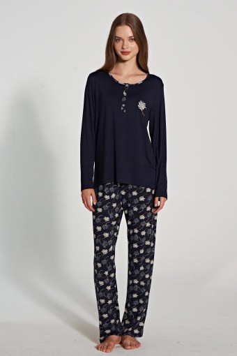 PINARCA EV GİYİM - Pınarca Kadın Pijama Takımı Uzun Kollu Düğmeli Bisiklet Yaka - Lacivert
