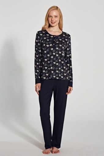 PINARCA EV GİYİM - Pınarca Kadın Pijama Takımı Uzun Kollu Düğmeli Bisiklet Yaka - Lacivert