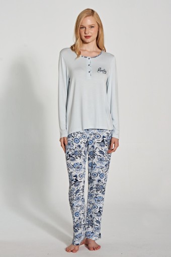 PINARCA EV GİYİM - Pınarca Kadın Pijama Takımı Uzun Kollu Düğmeli Bisiklet Yaka - Mavi