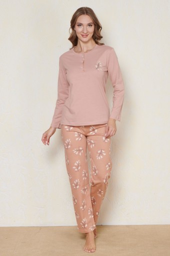 PINARCA EV GİYİM - Pınarca Kadın Pijama Takımı Uzun Kollu Düğmeli Bisiklet Yaka İnterlok - Somon