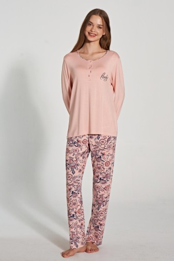 PINARCA EV GİYİM - Pınarca Kadın Pijama Takımı Uzun Kollu Düğmeli Bisiklet Yaka - Somon