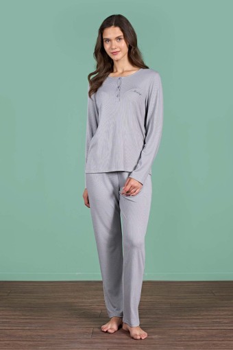 PINARCA EV GİYİM - Pınarca Kadın Pijama Takımı Uzun Kollu Düğmeli Düz Melisa - Gri