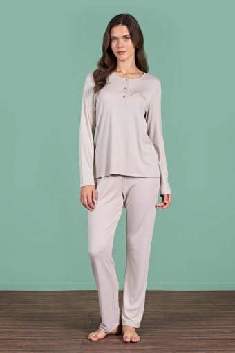 PINARCA EV GİYİM - Pınarca Kadın Pijama Takımı Uzun Kollu Düğmeli Düz Melisa - Vizon