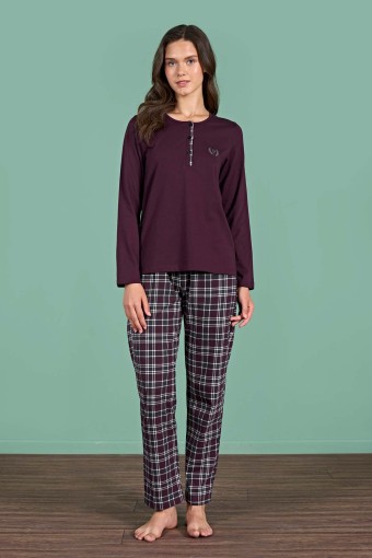 PINARCA EV GİYİM - Pınarca Kadın Pijama Takımı Uzun Kollu Düğmeli Ekoseli Pamuklu Eşli - Bordo