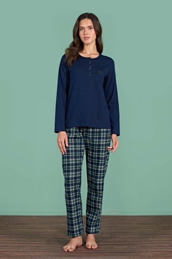 PINARCA EV GİYİM - Pınarca Kadın Pijama Takımı Uzun Kollu Düğmeli Ekoseli Pamuklu Eşli - Lacivert