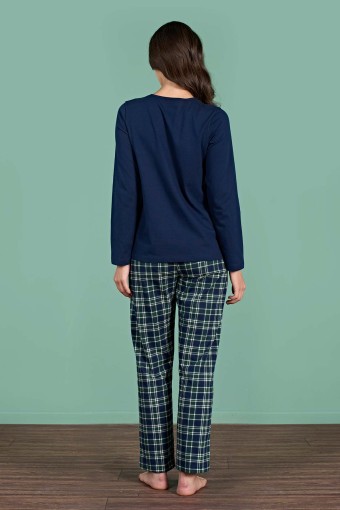 PINARCA EV GİYİM - Pınarca Kadın Pijama Takımı Uzun Kollu Düğmeli Ekoseli Pamuklu Eşli - Lacivert (1)
