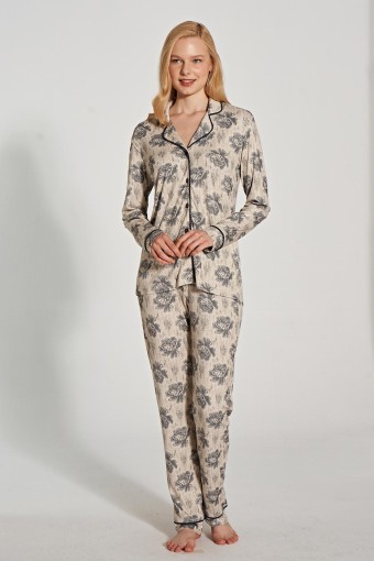 PINARCA EV GİYİM - Pınarca Kadın Pijama Takımı Uzun Kollu Düğmeli Gömlek Yaka - Antrasit