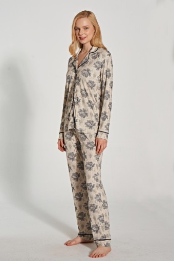 PINARCA EV GİYİM - Pınarca Kadın Pijama Takımı Uzun Kollu Düğmeli Gömlek Yaka - Antrasit (1)